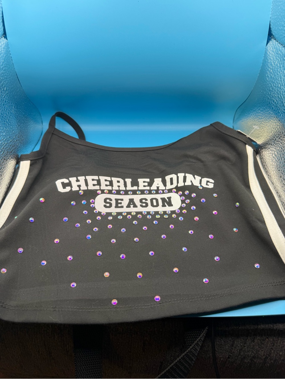 Hand Crafted Black Cheerleading Season Crop Top with Iridescent Rhinestones
